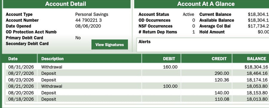 Account record shown to the learner during a First Line of Defense fraud scenario