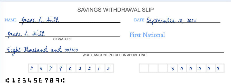 Withdrawal slip presented at the teller window in a fraud training scenario